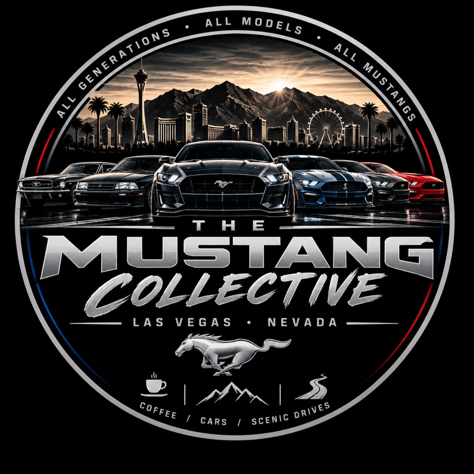 The Mustang Collective Las Vegas Nevada emblem: Mustangs, Vegas skyline, coffee and scenic drives